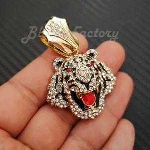 Authentic Gold Plated Tiger Head Pendant & 13mm Iced Cubic Zirconia Cuban Chain Necklace
