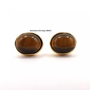 Authentic Handmade Stud Earrings Multicolored Oval Heated Jade Gold-Plated Earrings