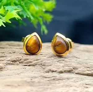 Authentic Natural Tiger Eye Studs Pair, 4x6mm Pear Gemstone Earrings Gold Plated Jewelry.