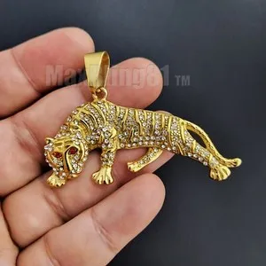 Authentic Iced Hip Hop Simulated Diamond Gold Plated Tiger Charm Pendant