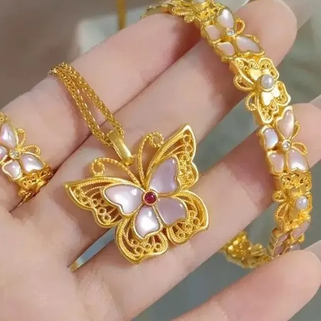 Authentic Light Luxury 24K real gold Ancient Flowers Butterfly Maiden Necklace Ring bracelet 999 Gold Princess set with jade Chopin chain