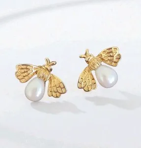 Authentic Sacred Apiary Talismans: Vintage Gold and Pearl Bumblebee Studs