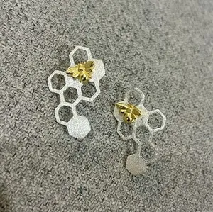 Authentic 14K Yellow Gold Plated Sterling Silver Honeycomb Bumblebee Stud Earrings