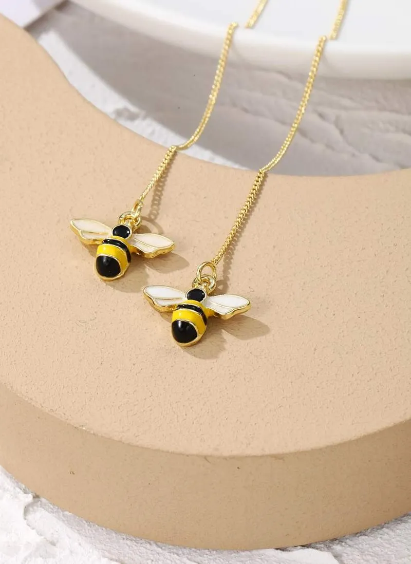 Authentic 2pcs Enamel Bumblebee Charm Threader Earrings Gold-Tone For Women Party Wedding Accessory