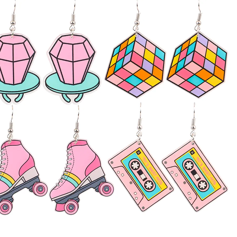 Authentic Harajuku Rubik's Cube Games Console Ice Skates Acrylic Earrings Cute Rainbow Lightning Roll Film Magnetic Tape Earring Jewelry