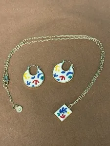 Authentic Ana Luisa Gold Plated Enamel Necklace Hoop Earrings Set Abstract Modern Art Lux
