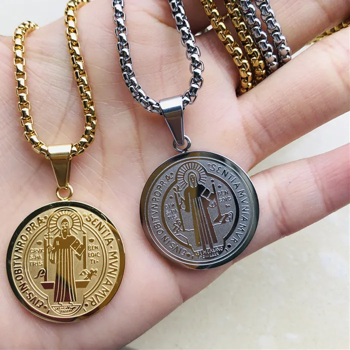 Authentic Catholic Saint Benedict Medallion Pendant Necklace Gold Silver Color San Benito Collares For Men Jewelry