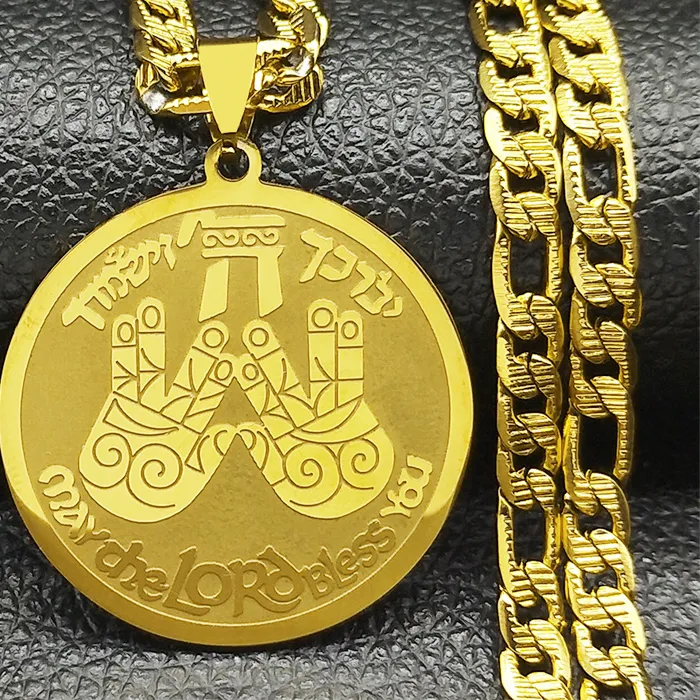 Authentic May The Lord Bless You Praying Hand Pendant Necklace Gold Color Round Medal Hebrew Hip Hop Jewelry