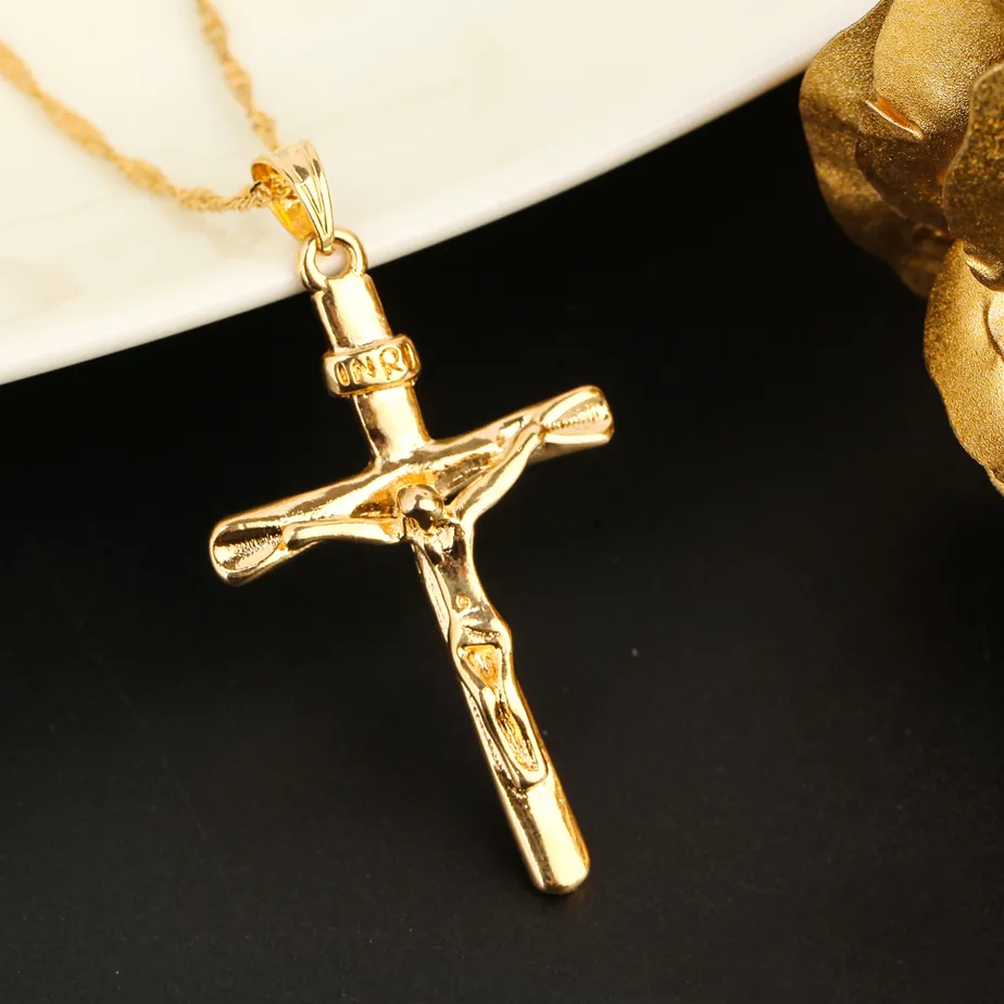 Authentic Gold Color Cross Pendant Necklace Women INRI Jesus Crucifix Christianity INBI Jesus Jewelry