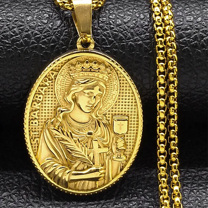 Authentic Saint Barbara Cross Medallion Necklace for Women Men Gold Color Amulet Christian Chain Jewelry colar NZZ474S02
