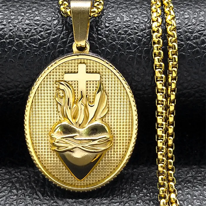 Authentic Vintage Christian Sacred Heart of Jesus Cross Necklace for Women/Men Gold Color Catholic Chain Jewelry NZZ465S02