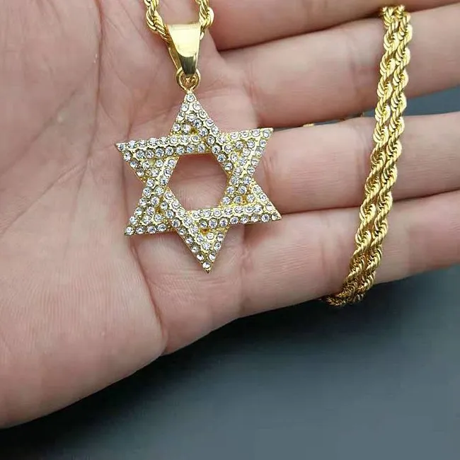 Authentic 1pcs Hip Hop Rhinestone Gold Color Necklaces Jewish Star Of David Hexagram Pendant Necklace For Men Rapper