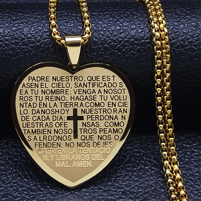 Authentic Catholic Holy Bible Verse Projection Cross Heart Necklace Spanish Religious Chain Jewelry colar feminino N2040S2