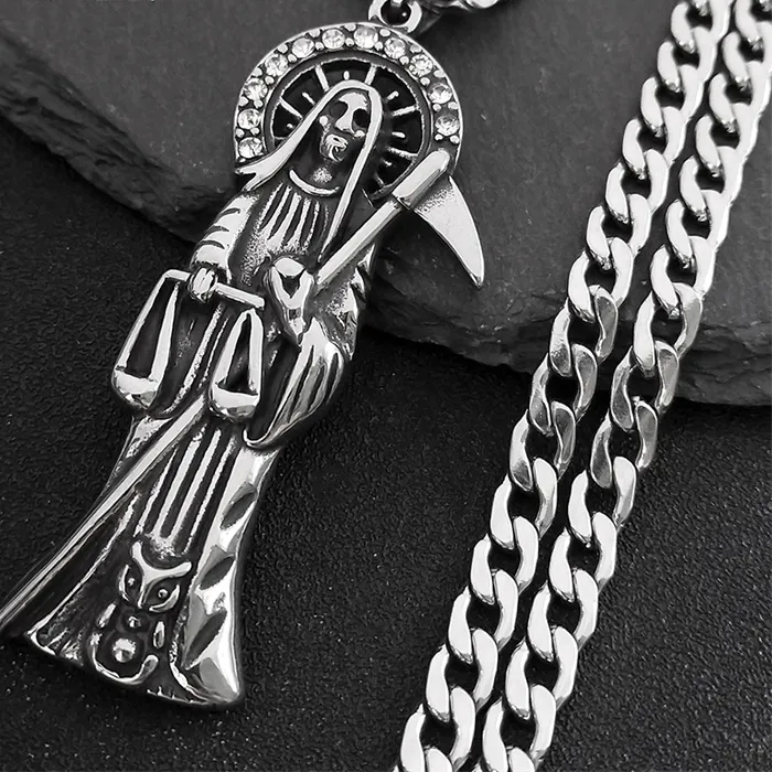 Authentic Holy Saint Death Santa Muerte Grim Reaper Necklace for Men Silver Color Male Necklaces Jewelry NZZ518S05