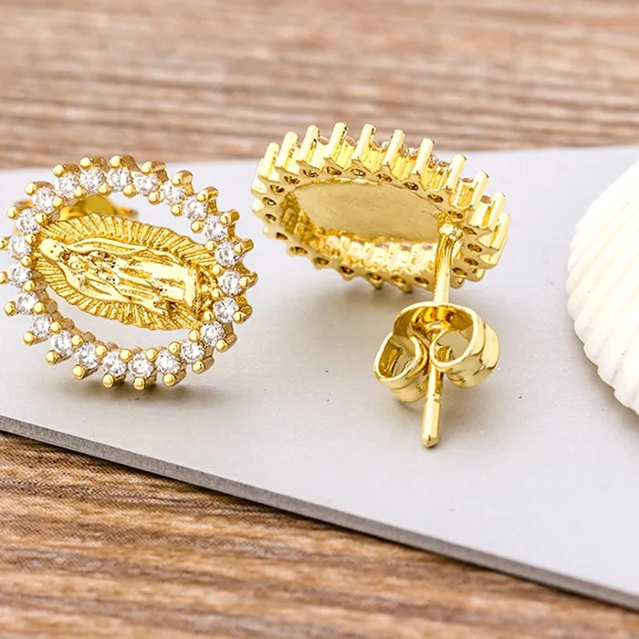 Authentic Nidin Hot Sale 28 Styles Classic Virgin Mary Stud Earrings For Women Crystal Zircon Micro Pave Zircon Jewelry