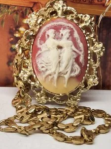 Authentic #1579  VICTORIAN  APHRODITE, GREEK GODDESS Gold plated CAMEO NECKLACE.