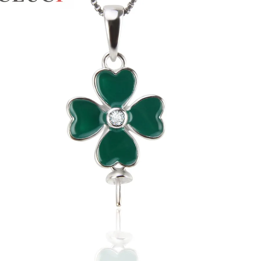 Authentic CLUCI 925 Sterling Silver Four Leaf Clover Pendant Necklace Setting Green Clover Jewelry Accessary to stick pearl SP212SB