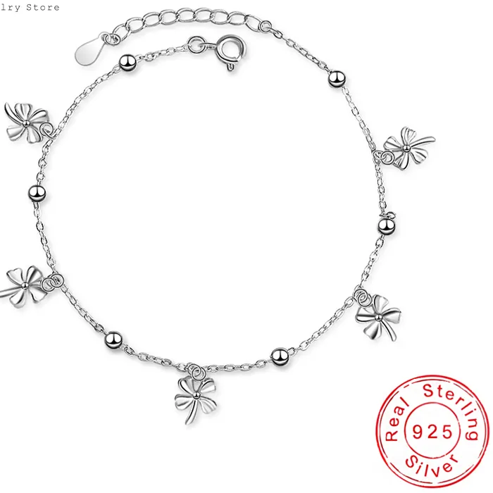 Authentic 925 Sterling Silver Lucky Clover Pendant Anklets Jewelry Bohemia Sexy Beach Windmill Foot Chain
