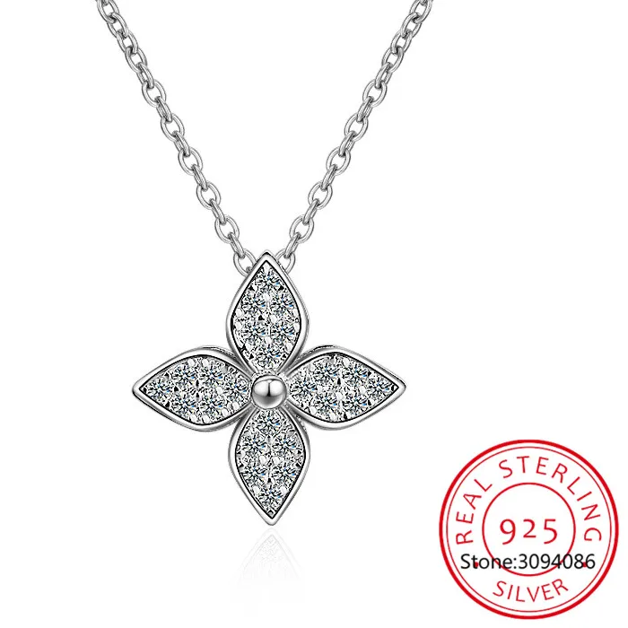 Authentic Glitter Four-leaf Clover 925 Sterling Silver Necklace Pendants For Women Clothes Match Decoration Fine Jewelry