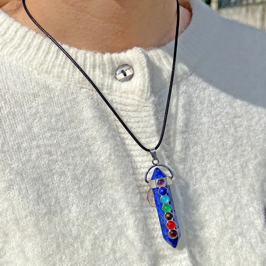 Authentic 7 Chakras Stone Necklace Lapis Lazuli Hexagonal Column Necklace For Women Men Natural Crystal Stone Rope Choker Male Jewelry