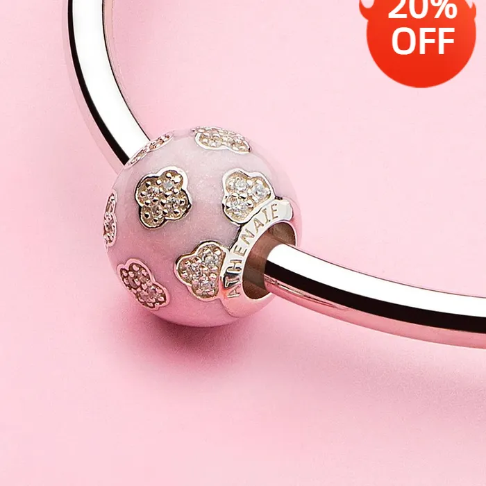 Authentic ATHENAIE 925 Sterling Silver Pink Enamel Shine Zircon Lucky Clover Bead Charms fit Bracelet DIY Jewelry Birthday