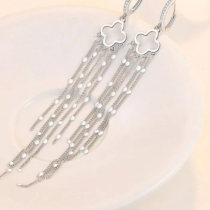 Authentic ALIZERO 925 Sterling Silver Four Leaf Clover Sequins Tassels Earrings For Women Wedding Party Jewelry