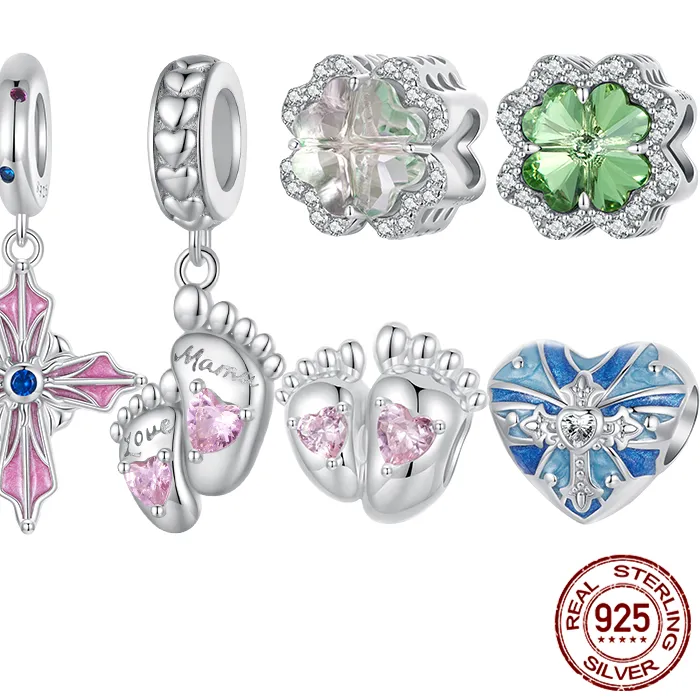 Authentic WOSTU 925 Sterling Silver Pink Baby Foot Charm Heart Cross Bead Four-leaf Clover Fit Original DIY Bracelet for Mother's Day