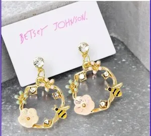 Authentic Gold plated crystal pink green flower bumblebee Earrings with silver post