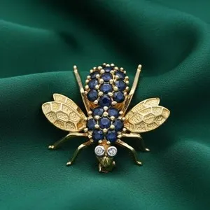 Authentic Blue Sapphire Diamond Bumblebee Brooch Pin 14K Gold Plated Occasional Pin
