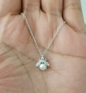 Authentic 1.00 Ct Round Cut White Pearl Bumblebee Pendant 14K White Gold Plated