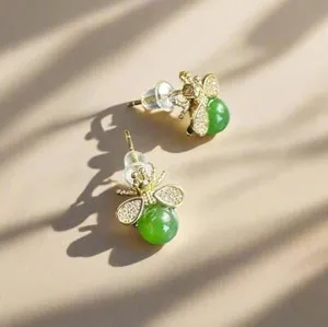 Authentic Gold-plated Sterling Silver CZ Bumblebee Earrings w/ Canadian Nephrite Jade Bead
