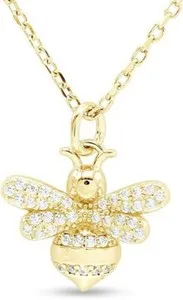 Authentic Bee Bumblebee Pendant 18" Necklace Cubic Zirconia in 14K Gold Plated Silver