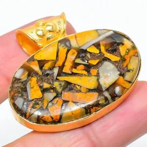 Authentic Bumblebee Jasper Gemstone 925 Silver Handmade Gold Plated Jewelry Pendant 1.58"
