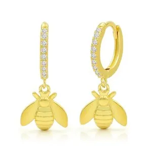 Authentic 925 Sterling Silver Gold Plated Bumblebee Dangle Drop Earring, CZ Cubic Zirconia