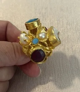 Authentic Gold Plated Cocktail Ring With Multiple Stones, Expandable Sizing