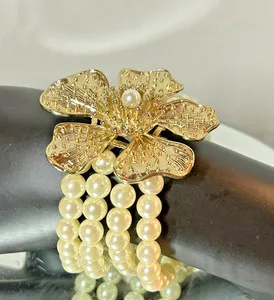 Authentic Classical Pearl & Gold Plated Flower Pendant Bracelet Expandable Fits 6 1/2"- 7"
