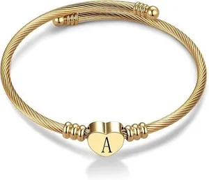 Authentic Women Gold Plated Heart Initial A-Z Letter Cuff Bracelets Expandable S