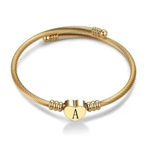 Authentic Women Gold Plated Heart Initial A-Z Letter Cuff Bracelets Expandable S