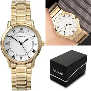 Authentic Sekonda Mens Watch Gold Plated Expandable Bracelet White Roman Dial Quartz 3021B