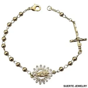 Authentic 14K Gold Plated Rosary Bracelet Oro Laminado Virgen De Guadalupe Pulsera 7”