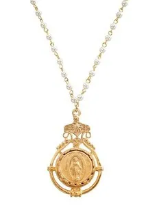 Authentic Victorian Trading Gold Plated Pearl Bead Blessed Mother Rosary Necklace 28A