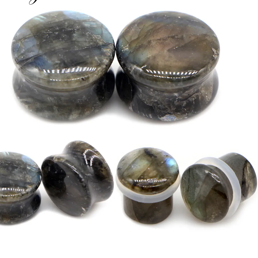 Authentic Alisouy 2pcs Labradorite Glow Stone Double Single Flared Ear Plugs Tunnel Flesh Expander Stretcher Gauges Piercing Body Jewelry