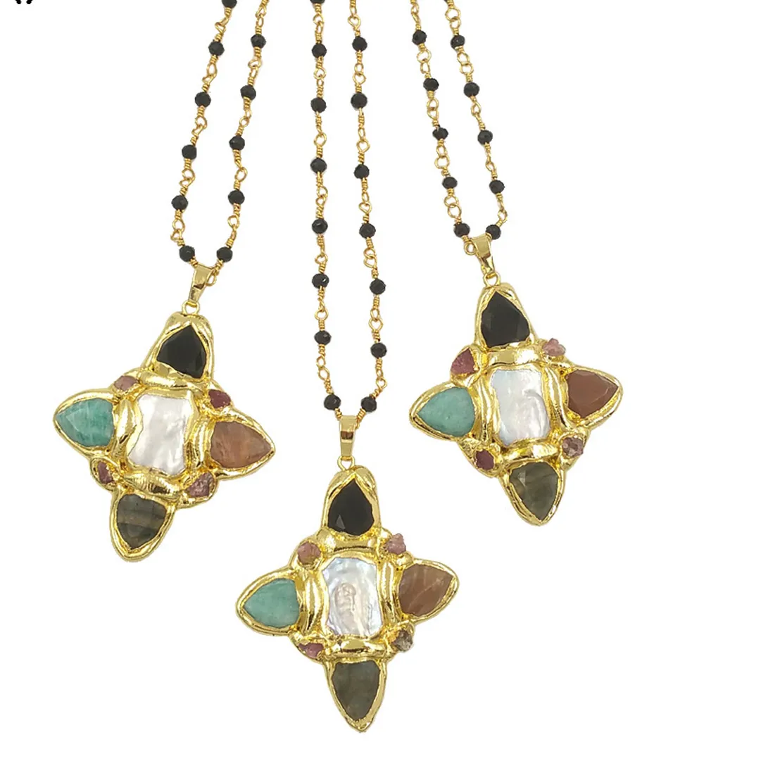 Authentic WT-JN281 Gold Plated Resist Tarnishable Diamond Shape Gemstone Pendant Necklace With Rosary Chain