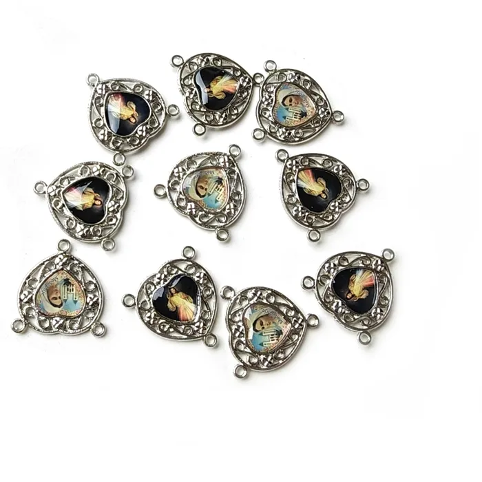 Authentic Mini Catholic Religious Heart Medal 2.4x2.3mm Metal Rosary Center Divine Mercy Our Lady of Medjugorje Charm Jewelry Connectors