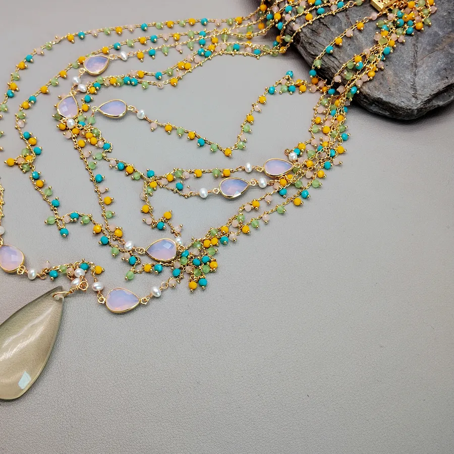 Authentic YYGEM 26x50mm Lemon Quartz Pendant Accessory 5 Strands Green Yellow Crystal Rosary Chain Layers Necklace