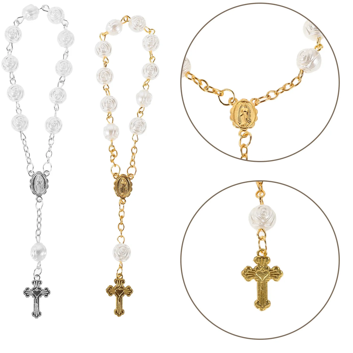 Authentic 4Pcs Baptism Rosary Bracelet Rose Bead Finger Chain Small Religious Jewelry Christening Communion Wedding