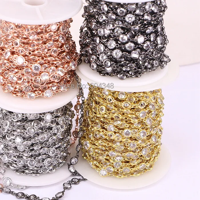 Authentic 3 Meters ZYZ177-8891 Clear White Zircon Faceted Round Beads Chains, Rosary Chain CZ Wire Wrapped Metal Chain Jewelry Findings