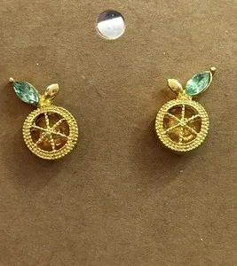Authentic Stylish 18K Gold Plated Fruit Shiny Yellow Rhinestone Lemon Stud Earrings