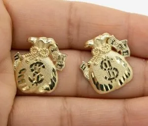 Authentic Solid Metal Stylish Money Bag Earring For Men's 14k Yellow Gold Plated Silver