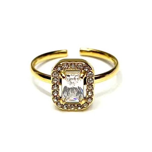 Authentic Stylish 18K Gold Plated Square White Rhinestones Adjustable Ring Holiday